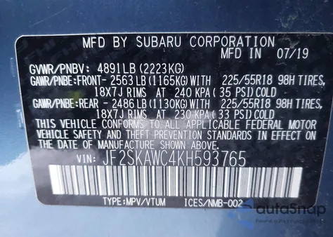 2019 Subaru Forester Touring z USA, uszkodzony, nr VIN JF2SKAWC4KH593765